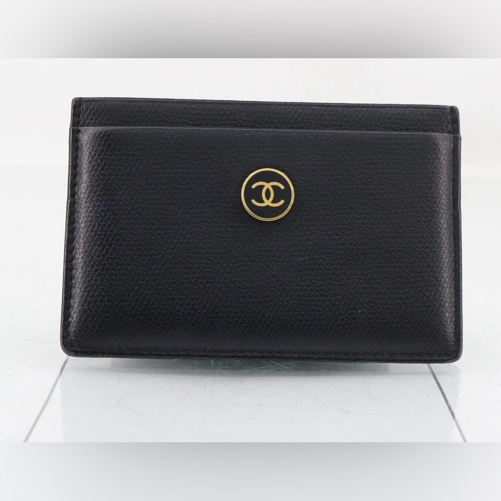 CHANEL Black Leather Card Holder with Gold Logo